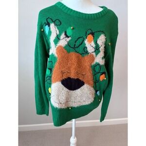 Green Reindeer Christmas Lights‎ Ugly Holiday Sweater - Women's Small